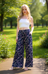Pantalon large à imprimé floral, taille haute, coupe ample, taille élastique, en mousseline, décontracté, pour femme, été - Product Image 2