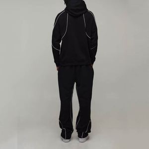 Sweat-shirt à capuche noir et blanc avec bordure contrastée, ensemble de survêtement personnalisé pour homme en deux pièces - Product Image 2