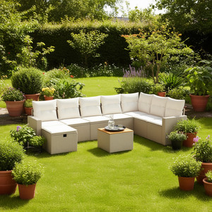 Ensemble de canapés de jardin beige résistant aux UV en rotin PE avec coussins en mousse haute densité, mobilier d'extérieur au design contemporain - Product Image 2