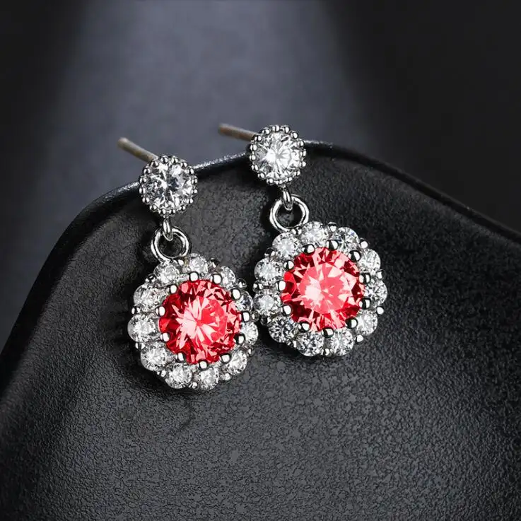Fashion Anting-Anting Pesta Mewah Wanita, Anting-Anting Pernyataan Merah Kancing Kristal Zirkon Perak Mewah, Perhiasan Hadiah untuk Wanita