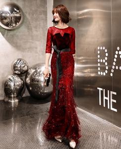 2019 Neueste Glitter Red Abendkleider Pailletten fransen Long <span class=keywords><strong>Prom</strong></span> Party kleid rotes Samt Abendkleid - Product Image 1
