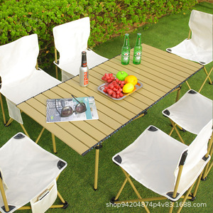 Ensemble de table de camping portable 6 places, table rectangulaire en acier au carbone, table pliante pour pique-nique et barbecue en plein air, couleur beige - Product Image 1