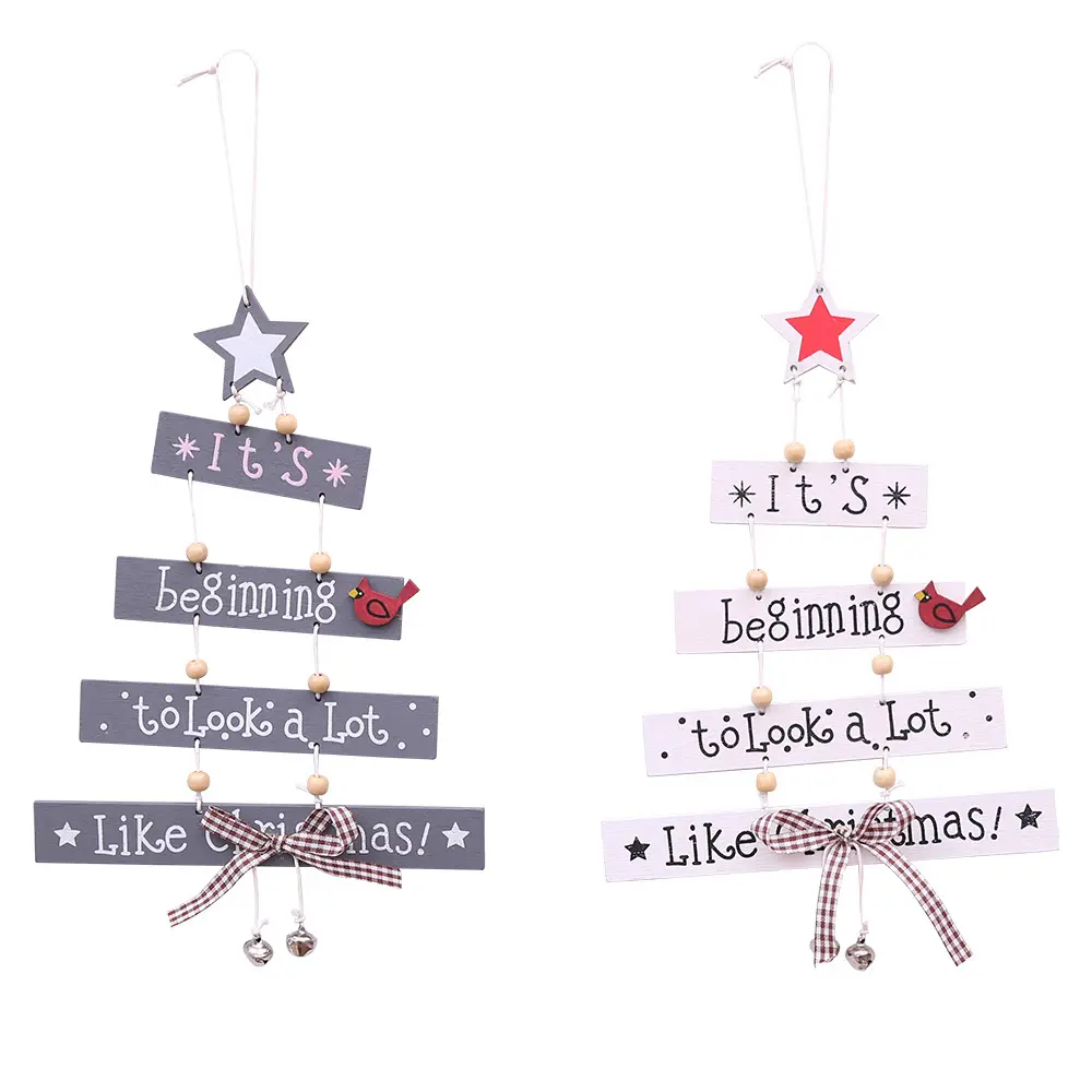 New Christmas Tree Wood Pendant Colorful Letter With Wooden Beads And Bow-Tied Bells Decor Christmas Tree Shape Pendant Ornament