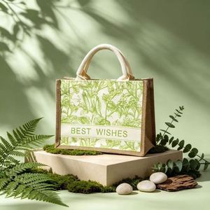 Bolsa de Regalo de Yute con Estampado de Plantas Ecológica, Bolsa Reutilizable con Diseño de Buenos Deseos para Bodas, Fiestas y Empaque de Regalos - Product Image 2