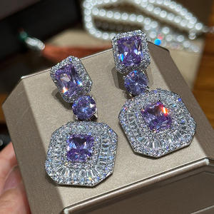 非常奢华的紫色水晶方形品牌钻石耳环大气时尚简约高端昂贵全套精致耳环风格 - Product Image 5