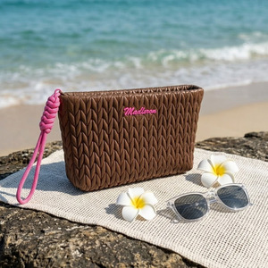 Soft <b>Makeup</b> Pouch Designer Padded Cosmetic Bag Portable Travel Toiletry Organizer Brown Bubble Fabric Beauty Storage <b>Case</b> - Product Image 1