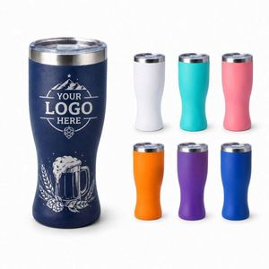 Custom Logo 15oz Curved <b>Double</b> <b>Wall</b> Vacuum Insulated Powder Coated Stainless Steel Beer Pint Cup Tumbler with Lid for Outdoor - Product Image 1