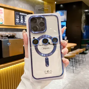 Magnetic Cd Plating Phone Case For Iphone 15 Pro Max 14 13 12 Clear Soft TPU Phone Cover With Camera Lens Protector