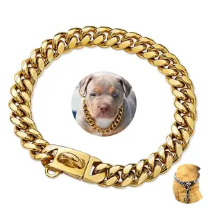 Strong Medium-sized Dog Chain Collar Gold Metal 14mm Stainless Steel Cuban Link Dog Collar