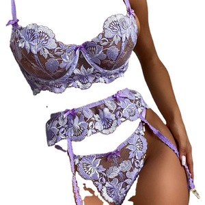 Conjunto de lencería sexy de 2 piezas: sujetador largo con aros, lazo central de satén, cinturón de liguero de cintura alta, braguita de encaje floral de poliéster dobby - Product Image 4