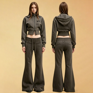 Custom Two Piece <b>Set</b> Cropped Zip Up Hoodie Streetwear Y2K Women and Vintage Acid Wash Tracksuit Women Flared Sweatpants <b>Set</b> - Product Image 1