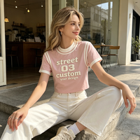 T-shirts courts personnalisés brodés pour femmes, OEM ODM, avec bordure rayée, col rond, manches courtes, décontractés, en coton