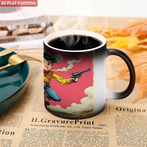 Mug en céramique noire givrée de 11 oz, changeant de couleur à la chaleur, avec un design artistique sur le thème du cowboy western - Product Image 5