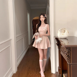 Vestido Midi de Gasa Estilo Francés con Lazo Rosa, Cuello Cuadrado, Falda Princesa con Vuelo, Transpirable, Verano 2025, Nuevo Estilo - Product Image 4