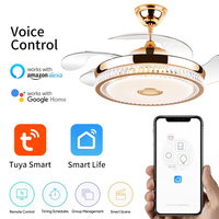 Y196 Luz de ventilador de techo retráctil 110V 220V Lámpara de ventilador de sala de estar moderna Oro Blanco Ventilador de techo de 42 pulgadas y luz con altavoz
