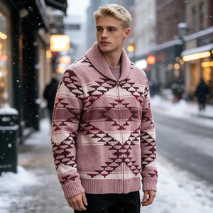 Cardigan en maille pour <span class=keywords><strong>homme</strong></span> automne-hiver, style sud-ouest, avec fermeture éclair intégrale, motif géométrique Navajo et motif losanges escalonnés, coupe ample - Product Image 5