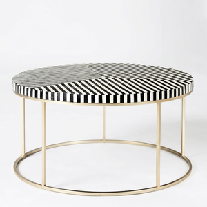 <b>Round</b> Bone Inlay Coffee <b>Table</b> with Geometric Patterned Top and <b>Gold</b> Metal Frame Modern Living Room Furniture Accent Center <b>Table</b> - Product Image 1