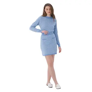GUOOU 2023 כחול משובץ מיני שני חלקים שמלת סוודר לסרוג גבירותיי קיץ בנות נשים מקרית שמלות ליידי Slim Fit מסיבת שמלת צמר