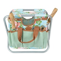 Esschert Design Tabouret pliable en toile de jute imprimé rose Tabouret de jardin pliable avec sac à outils