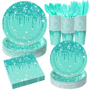 Assiettes en papier jetables, gobelets, serviettes, couverts, ensemble de vaisselle, design diamant pailleté bleu turquoise, fournitures pour mariage, anniversaire, fête, 24 pièces - Product Image 1