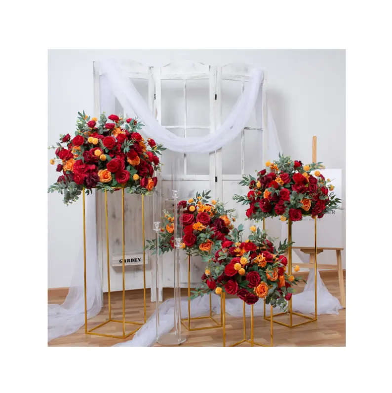 Bán Buôn Wedding Flower Sắp Xếp Handmade Hoa Lụa Bàn Đám Cưới Nhân Tạo Red White Rose Trung Tâm Hoa Bóng