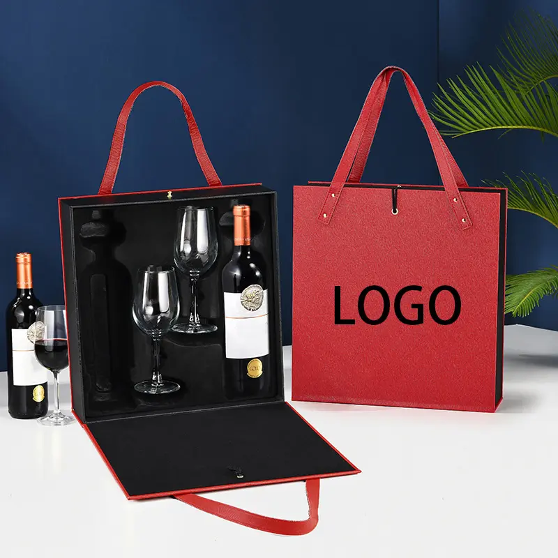 LOGO personalizzato di lusso vino rosso confezione regalo portatile confezione in pelle nuova scatola di vino con tazza regalo scatola di vetro di vino portatile