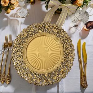 Decoración de mesa de fiesta de boda redonda de lujo bordes tallados en oro patrón de flores vintage placas de cargador de plástico Acrílico - Product Image 5