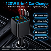 Chargeur de voiture 120W PD à charge rapide avec affichage numérique, câble télescopique cinq-en-un pour téléphone et allume-cigare
