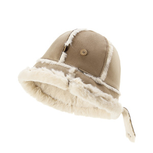 หมวกบักเก็ตบุขนแกะกันลมหนาวสำหรับฤดูใบไม้ร่วงและฤดูหนาว หมวกชาวประมงสีพื้นสำหรับผู้หญิง สีกากี เบจ น้ำตาล ดำ - Product Image 1