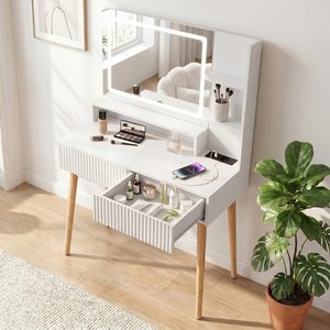 Tocador de Maquillaje Moderno SENYU Blanco con Espejo LED Iluminado y Estación de Carga, Diseño Escandinavo para Dormitorio - Product Image 1