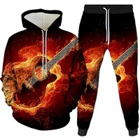 Ensemble deux pièces décontracté pour homme, style européen et américain, avec sweat à capuche et veste de baseball, imprimé numérique 3D motif flamme, guitare et musique, collection hiver transfrontalière