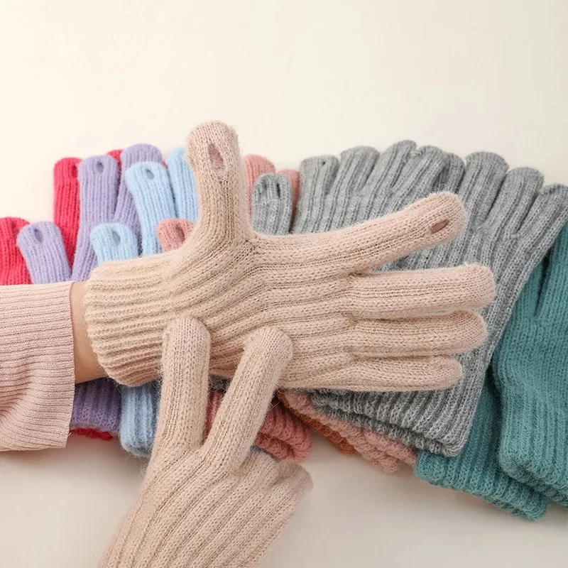 Gants d'hiver chauds en tricot Gants d'hiver à doigts entiers Gants de ski en laine épaisse à écran tactile Mitaines unisexes Cadeau de Noël