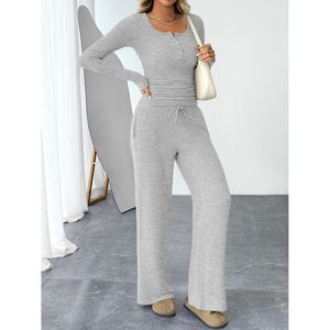 Ensembles de salon 2 pièces à la mode d'automne pour femmes personnalisées taille XS style Y2K pull à col Henley haut pantalon à jambes larges costumes de survêtement - Product Image 6