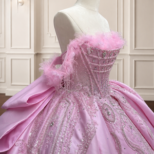 Vestido de Quinceañera Lsmc139, Exquisito Vestido de Gala Rosa, Satinado, con Hombros Descubiertos, Flores y Apliques de Cuentas, Jancember - Product Image 6