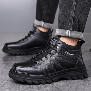 Botas de nieve para hombre, de invierno, hasta el tobillo, de cuero genuino, con forro de felpa, suela de goma antideslizante, punta redonda, cálidas y cómodas - Product Image 2