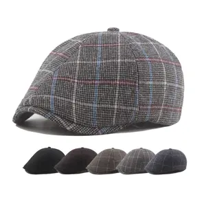 Groothandel Herfst Mode Visgraat Casual Retro Check Krantenverkoper Achthoekige Cap Baretten Schilder Caps