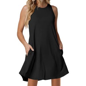Robe d'été pour femmes, sans manches, col rond, coupe ample, mini-robe décontractée avec poches, tissu tricoté respirant - Product Image 1