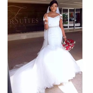 African Bride Mermaid Wedding Dress <b>White</b> Sweetheart Neckline Tulle Radiant Taffeta <b>Lace</b> Long Train Fitted Gown - Product Image 3