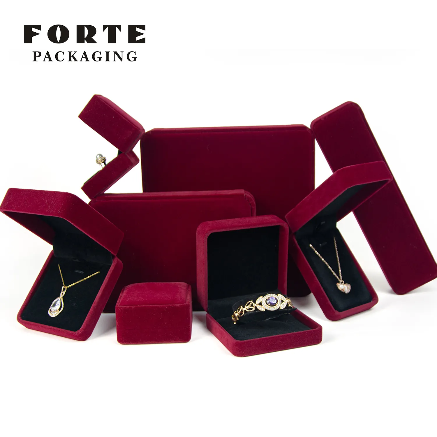 FORTE High Quality Custom Luxury wine red cream Velvet jewelry box gift portable earring jewelry ring packaging boxes