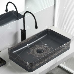 Lavabo de Cerámica Hecho a Mano con Forma Rectangular Yeson, Lavabo de Porcelana Negro y Dorado para Baño, Lavabo Artístico para el Hogar - Product Image 1