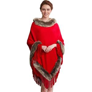 Chal de lujo para mujer con cuello de piel sintética de mapache, capa cálida y elegante con borlas, ideal para invitadas de boda y fiestas. - Product Image 1