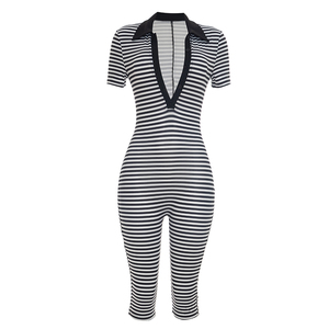 Viviblook D26JP197 Combinaison décontractée d'été pour femme, imprimé rayé, col rabattu, manches courtes, combinaison une pièce - Product Image 5