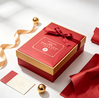 Boîte cadeau rigide personnalisée écologique rouge et or avec nœud en satin, couvercle haut de gamme, biodégradable et recyclable pour cosmétiques/mariages/festivals