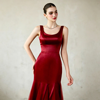 Robe longue en satin bordeaux pour femme, avec superposition en tulle, ourlet sirène, col carré, élégante, pour soirée formelle