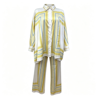 Ensemble deux pièces de luxe pour femme 2026, toucher satiné, imprimé lignes géométriques jaunes, chemise à manches longues et pantalon droit