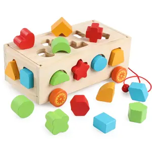 早教儿童木质几何造型搭配汽车彩色积木17洞智能拖车玩具