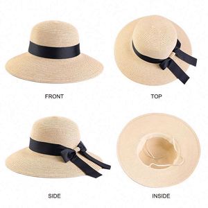 Wholesale Women Wide Brim Bucket Caps with Tie <b>Straw</b> Breathable Summer Boater <b>Hats</b> 3D Embroidery Travel Outdoor Sunshade - Product Image 2