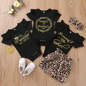 0-1岁女婴婴儿套装儿童服装3 pcs套装黑色连身裤配豹纹短裤