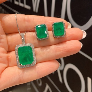 Fashion Jewelry Eco-friendly Copper 12*16/9*12mm Emerald Green Cubic Zirconia Stone <b>Earrings</b> and Pendant <b>Set</b> for Women - Product Image 1