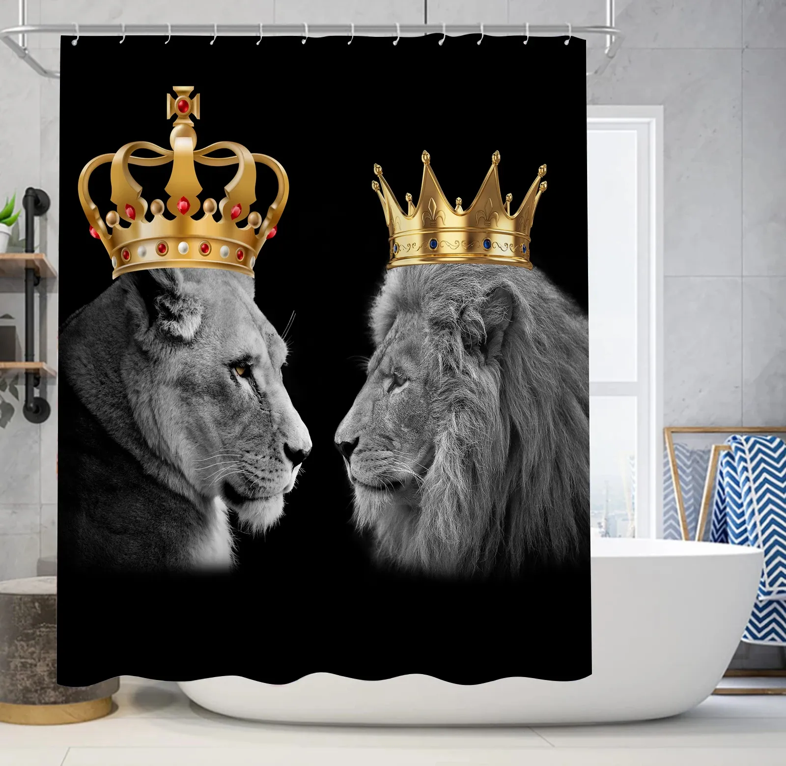 Bathroom Curtain Animal Lion Style Polyester Fabric Shower Curtain 180 * 180CM With 12 Hooks